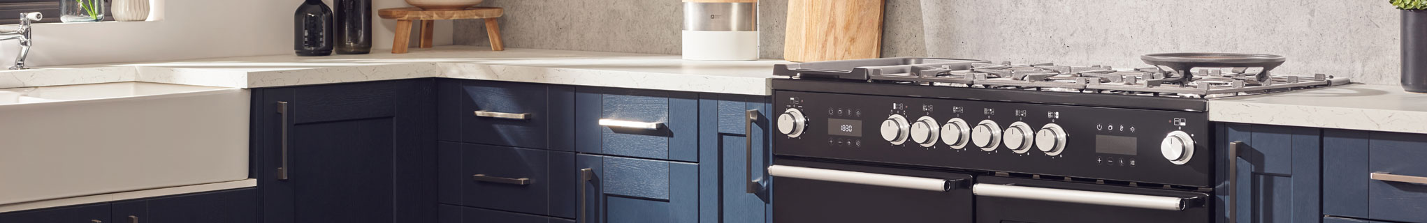 Falcon Nexus Steam Dual Fuel in Black in Blue kitchen