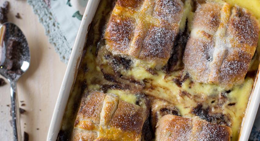 Hot Cross Bun, Chocolate and Rum Pudding