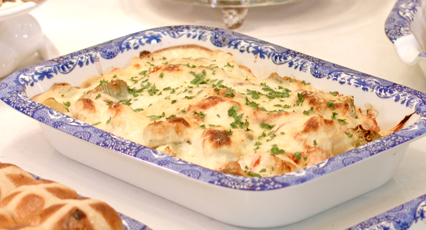 Cauliflower and Leek Bake in Portmeirion dish